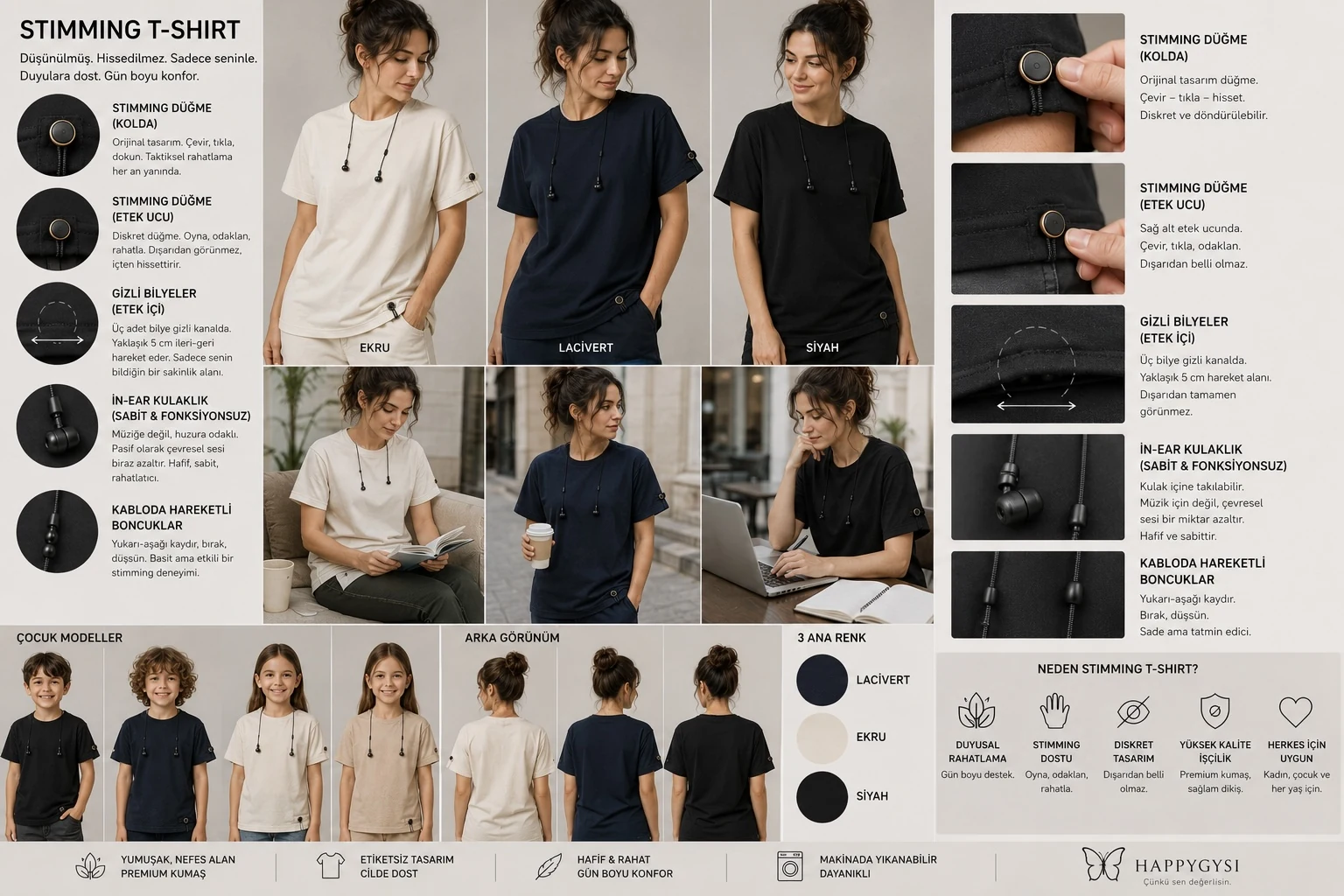 Stimming T-Shirt komple tasarım föyü — üç renk, kadın/erkek/çocuk modeller, tüm özellikler